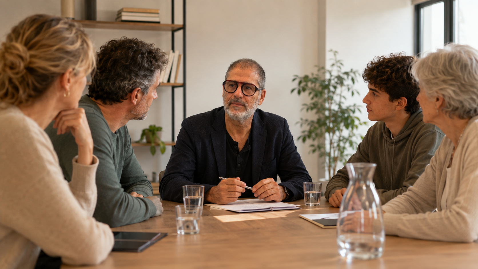 Hervé Sainsard en médiation familiale avec une famille autour d'une table