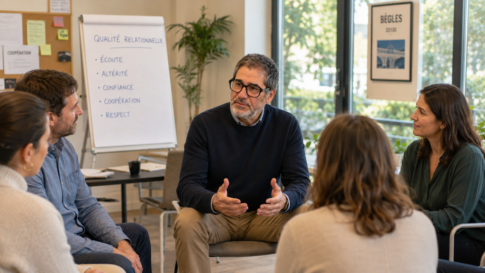 Hervé Sainsard animant un atelier Qualité Relationnelle en cercle avec un petit groupe